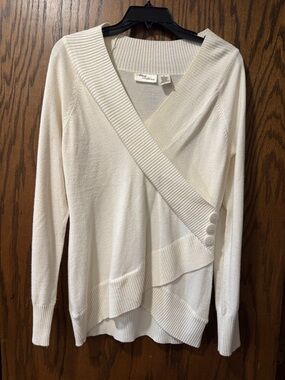 Allison Brittney Ivory V-Neck Surplice Sweater with Ribbed Trim